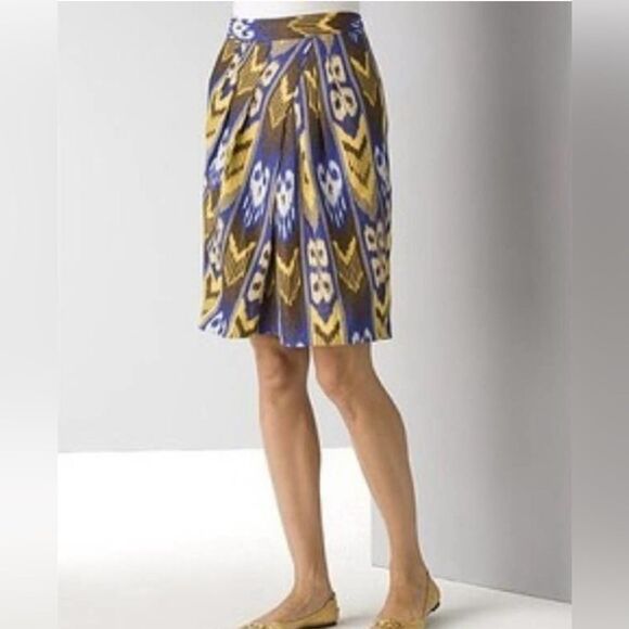 Tory Burch Blue Yellow Jemima Ikat Metallic Linen Pencil Skirt Size 12 - Picture 1 of 8